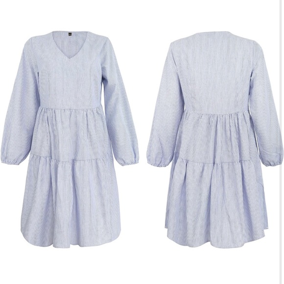 Blue Stripe, V-Neck, Ruffle Tier Dress - Picture 2 of 6